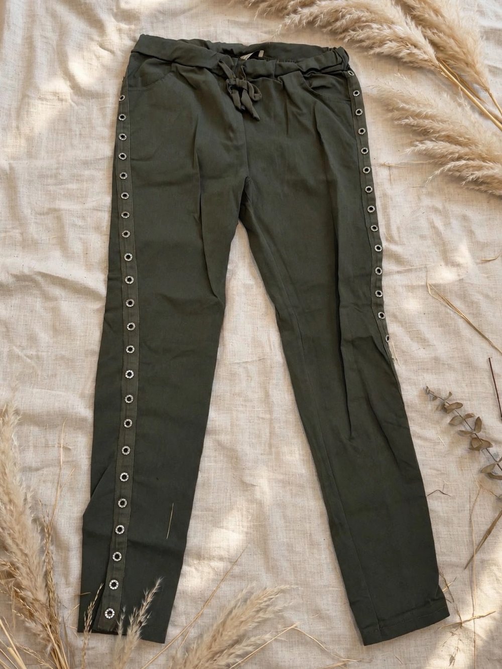 Olive Eyelet-Trim Women’s Drawstring Pants